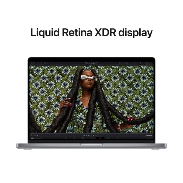 Close-up image of the Apple MacBook Pro's Retina XDR display, showcasing its stunning clarity and high dynamic range. The display is shown with vibrant colors, deep blacks, and bright highlights, offering an immersive viewing experience for content creation, editing, and entertainment