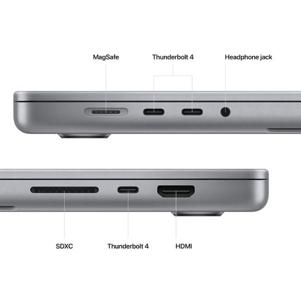 Image of all ports on the Apple MacBook Pro, showcasing its comprehensive connectivity options. The laptop is shown with USB-C ports, Thunderbolt ports, HDMI port, SD card slot, and headphone jack, providing versatile connectivity for various external devices and accessories.
