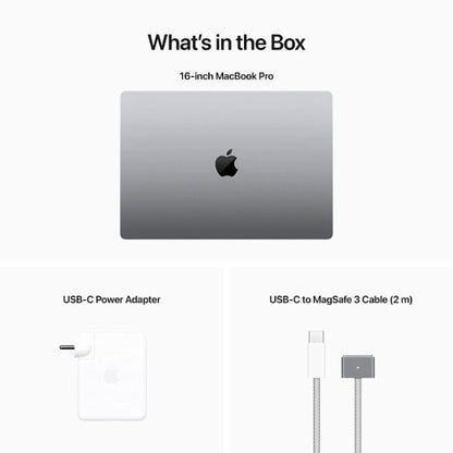 Image showcasing the contents of the Apple MacBook Pro box. The box includes the MacBook Pro laptop, charging cable, power adapter, user manual, and any additional accessories, ensuring users have everything they need to start using their new device.
