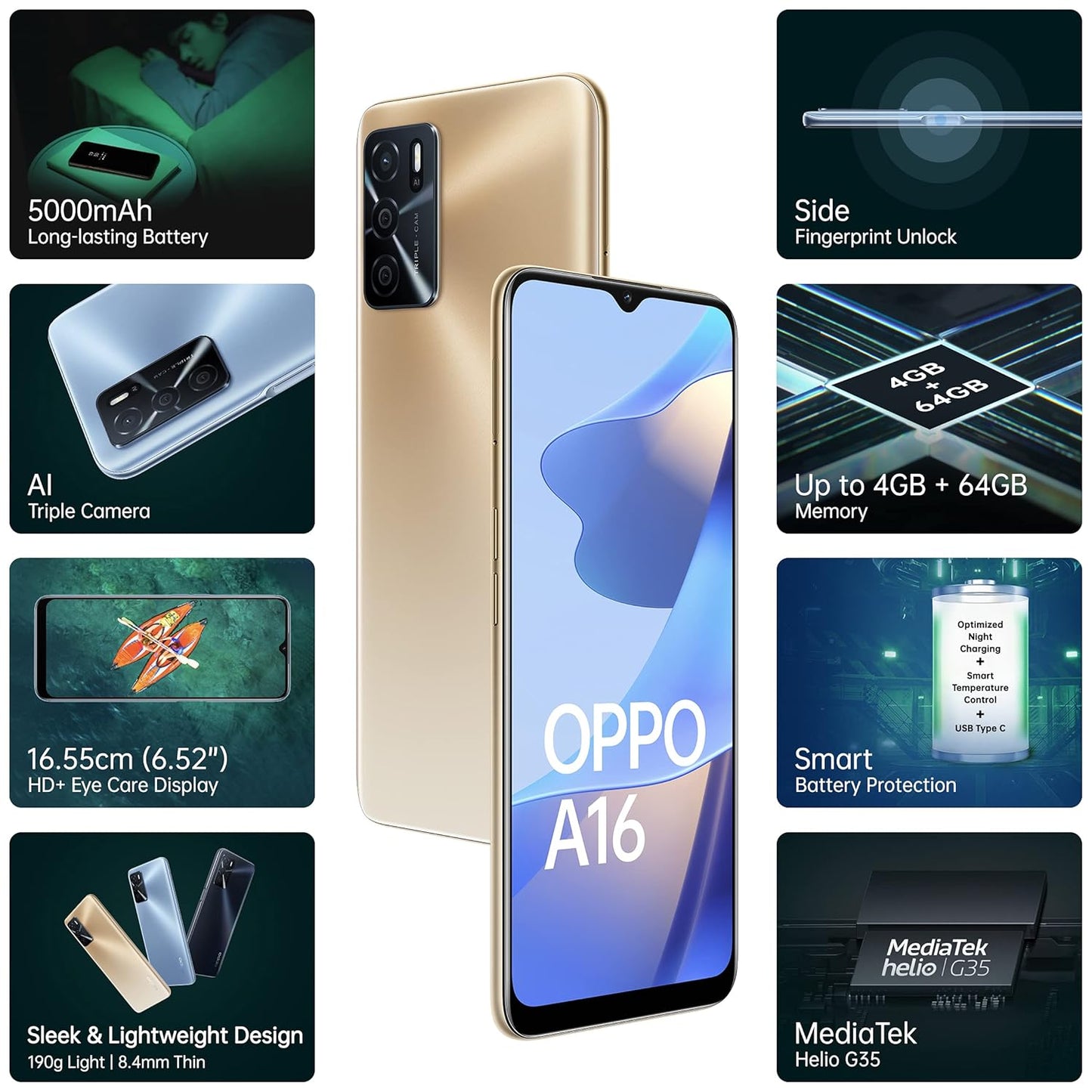 Oppo A16 (4GB/64GB) Royal Gold - Long Battery Life, Affordable Price