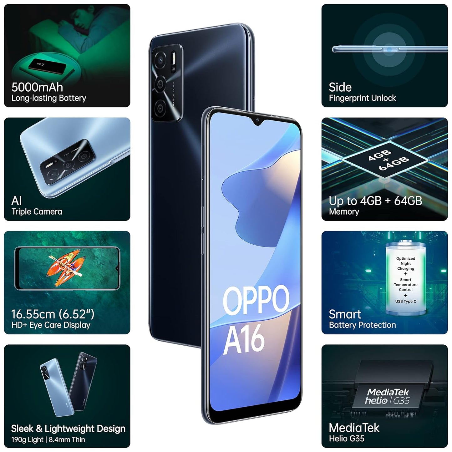 Oppo A16 4GB RAM, 64GB Storage - Crystal Black | Sleek Design, Long-Lasting Battery