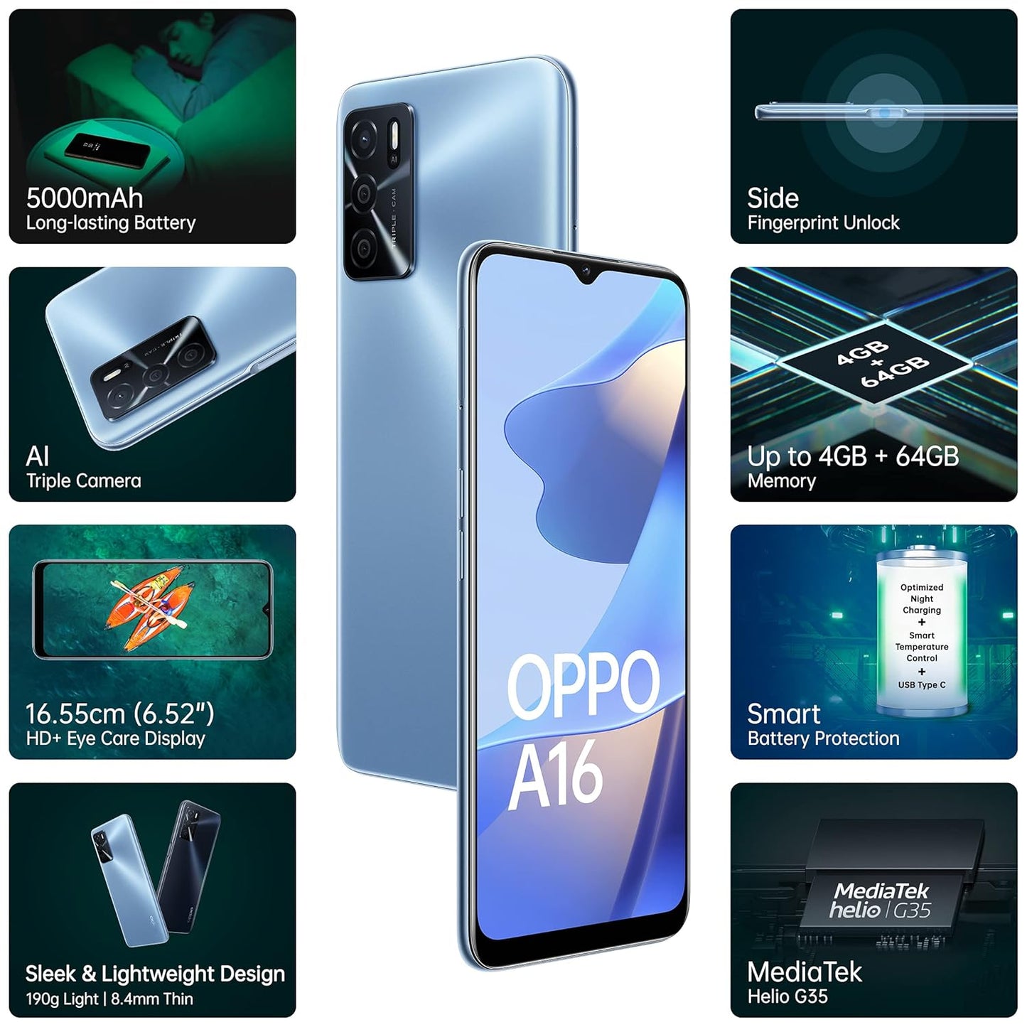 Oppo A16 4GB RAM, 64GB Storage - Pearl Blue | Long-lasting Battery, AI Triple Camera