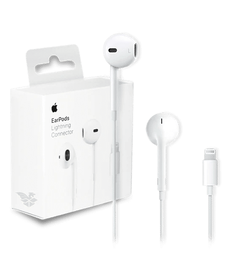 Image of Apple EarPods with Lightning Connector, showcasing their sleek design and Lightning connector. The EarPods are shown against a white background, highlighting their ergonomic shape and built-in controls for audio playback and call management.
