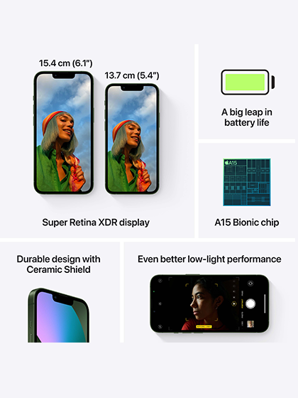 iphone 13 specifications showing iphone13 display, A15 Bionic chip on iphone, iphone 13 battery life and iphone 13 desgin 