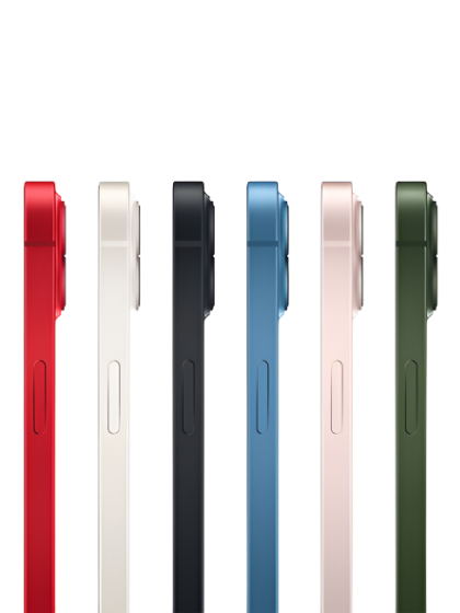 iphone 13 color options showing iphone 13 red, iphone13 white, iphone 13 black, iphone 13 blue, iphone 13 pink, iphone 13 green from side profile