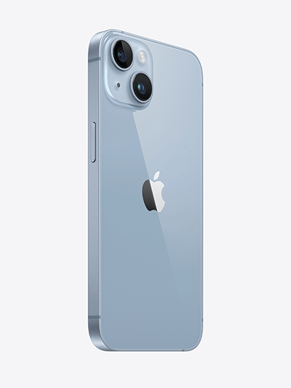 Back side of the iPhone 14 in Sky Blue color, featuring a vibrant hue and modern aesthetic