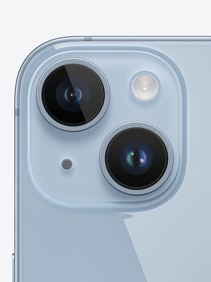 Close-up image of the rear camera setup of the iPhone 14, showcasing its advanced camera system. The setup includes multiple lenses and sensors arranged neatly within a square module, featuring enhanced image stabilization and improved low-light performance.