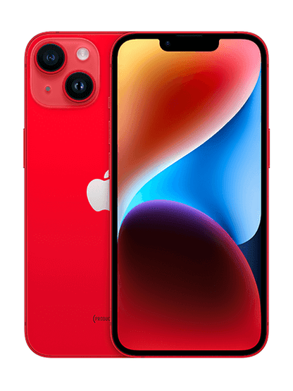 Close-up image of the iPhone 14 in vibrant Red color, highlighting its sleek design and premium finish. The phone is displayed at an angle, showcasing its glossy exterior and the iconic Apple logo on the back