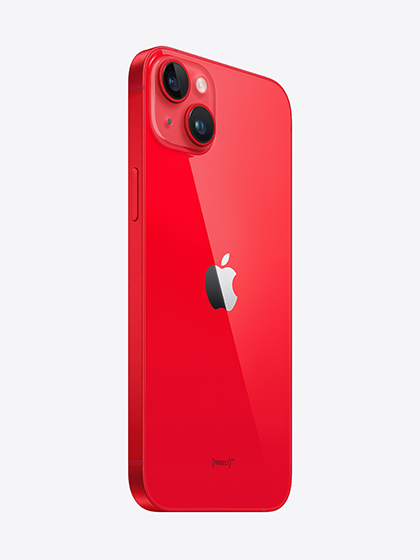 Side view image of the iPhone 14 Plus in bold Red color, showcasing its sleek and stylish profile. The phone is displayed at an angle, highlighting its glossy finish and the iconic Apple logo on the back