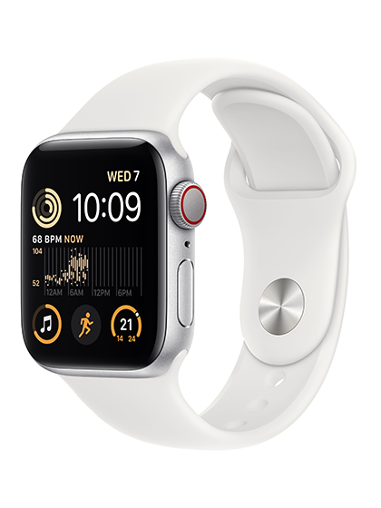 Side profile image of the Apple Watch SE, highlighting its sleek and compact design. The watch is shown from the side, emphasizing its slim profile and rounded edges, with the digital crown and side button visible for easy access to navigation and controls.