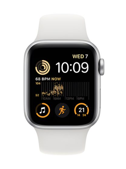 Front view image of the Apple Watch SE, highlighting its key features. The watch face displays customizable complications, providing easy access to essential information such as time, date, and activity tracking. The sleek design of the watch is showcased, with the iconic Apple logo visible on the display.