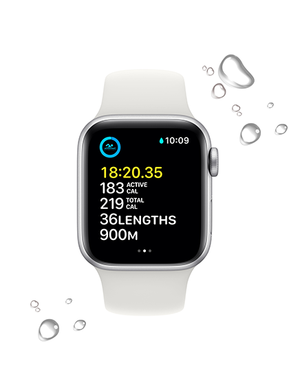 Image of the Apple Watch SE displaying its water-resistant feature. The watch is shown with water droplets on its surface, indicating its ability to withstand water exposure during activities such as swimming or showering, up to a certain depth specified by Apple.