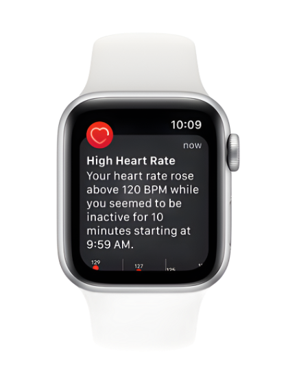Image of the Apple Watch SE displaying heart rate monitoring features. The watch face shows the current heart rate reading, demonstrating the device's capability to track and monitor the wearer's heart rate in real-time during various activities.