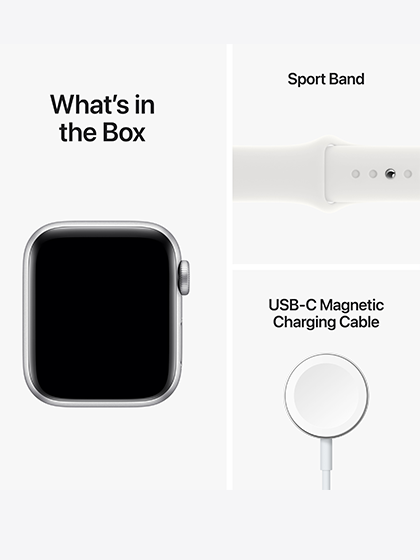 Image showcasing the contents of the box for the Apple Watch SE. The box includes the Apple Watch SE device, charging cable, user manual, and additional accessories, ensuring users have everything they need to start using their new smartwatch.