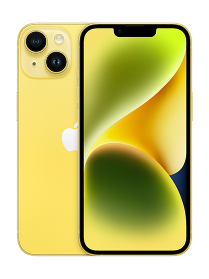 Close-up image of the iPhone 14 Plus in striking Yellow color, highlighting its bold and vibrant appearance. The phone is shown at an angle, showcasing its glossy finish and the iconic Apple logo on the back.