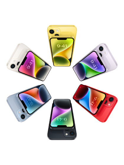 Image displaying all color options of the iPhone 14 lineup, including Midnight Black, Pearl White, Sky Blue, Sunset Orange, and Emerald Green. Each phone is arranged side by side, showcasing the variety of color choices available for the device.