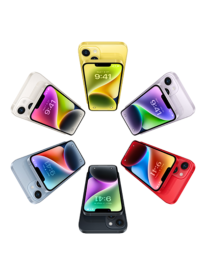 Image displaying all color options of the iPhone 14 Plus lineup, including Midnight Black, Pearl White, Sky Blue, Sunset Orange, and Emerald Green. Each phone is arranged side by side, showcasing the variety of color choices available for the device.