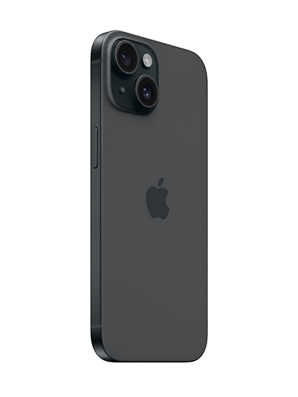 Close-up image of the iPhone 15 in sleek Black color, showcasing its elegant design and modern finish. The phone is displayed at an angle, highlighting its glossy exterior and the iconic Apple logo on the back