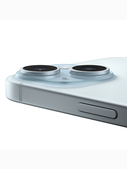 Close-up image of the rear camera setup of the iPhone 15, showcasing its advanced camera system. The setup includes multiple lenses and sensors arranged neatly within a square module, featuring enhanced image stabilization, improved low-light performance, and innovative AI-powered features