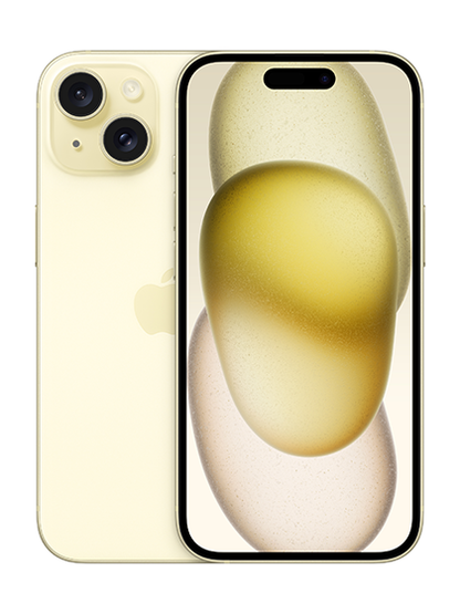 Close-up image of the iPhone 15 in bold Yellow color, showcasing its striking and vibrant appearance. The phone is displayed at an angle, highlighting its glossy finish and the iconic Apple logo on the back.