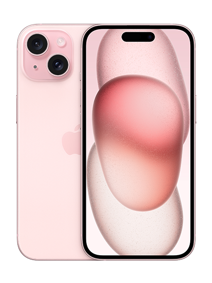 Close-up image of the iPhone 15 in stylish Pink color, showcasing its sleek design and vibrant hue. The phone is displayed at an angle, highlighting its glossy finish and the iconic Apple logo on the back.