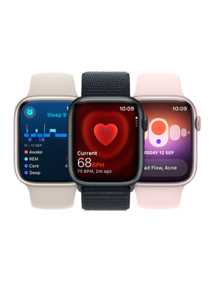 Image showcasing the features of the Apple Watch Series 9, including advanced health tracking, customizable watch faces, waterproof design, and seamless integration with other Apple devices. The image highlights the versatility and functionality of the watch for everyday use and fitness activities.
