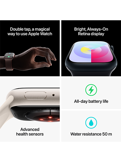 Image illustrating the 'double touch magic' feature of the Apple Watch Series 9, demonstrating its intuitive touch controls. The watch face displays a user performing a double tap gesture, showcasing the device's responsiveness and ease of use for navigating menus, apps, and notifications.