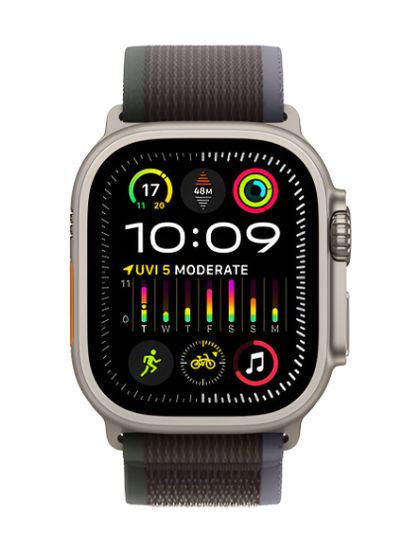 Front view image of the hypothetical Apple Watch Ultra 2, showcasing its vibrant display and sleek design. The watch face displays customizable complications, providing easy access to essential information at a glance.
