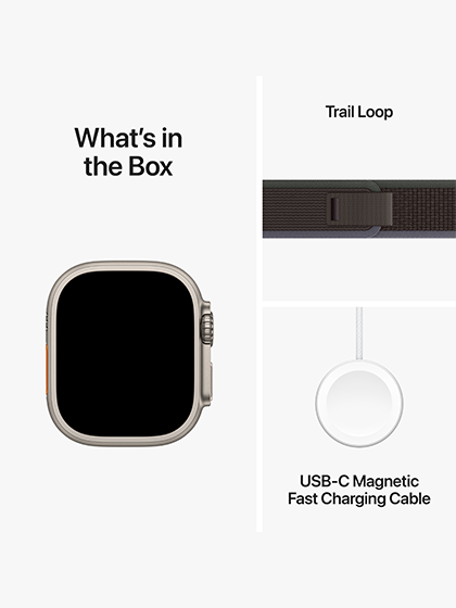 Image showcasing the contents of the box for the hypothetical Apple Watch Ultra 2. The box includes the Apple Watch Ultra 2 device, charging cable, user manual, and additional accessories, ensuring users have everything they need to get started with their new smartwatch.